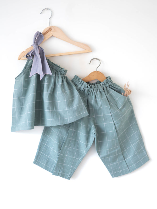 Bubble Baths teal checks co-ord one shoulder top and pant