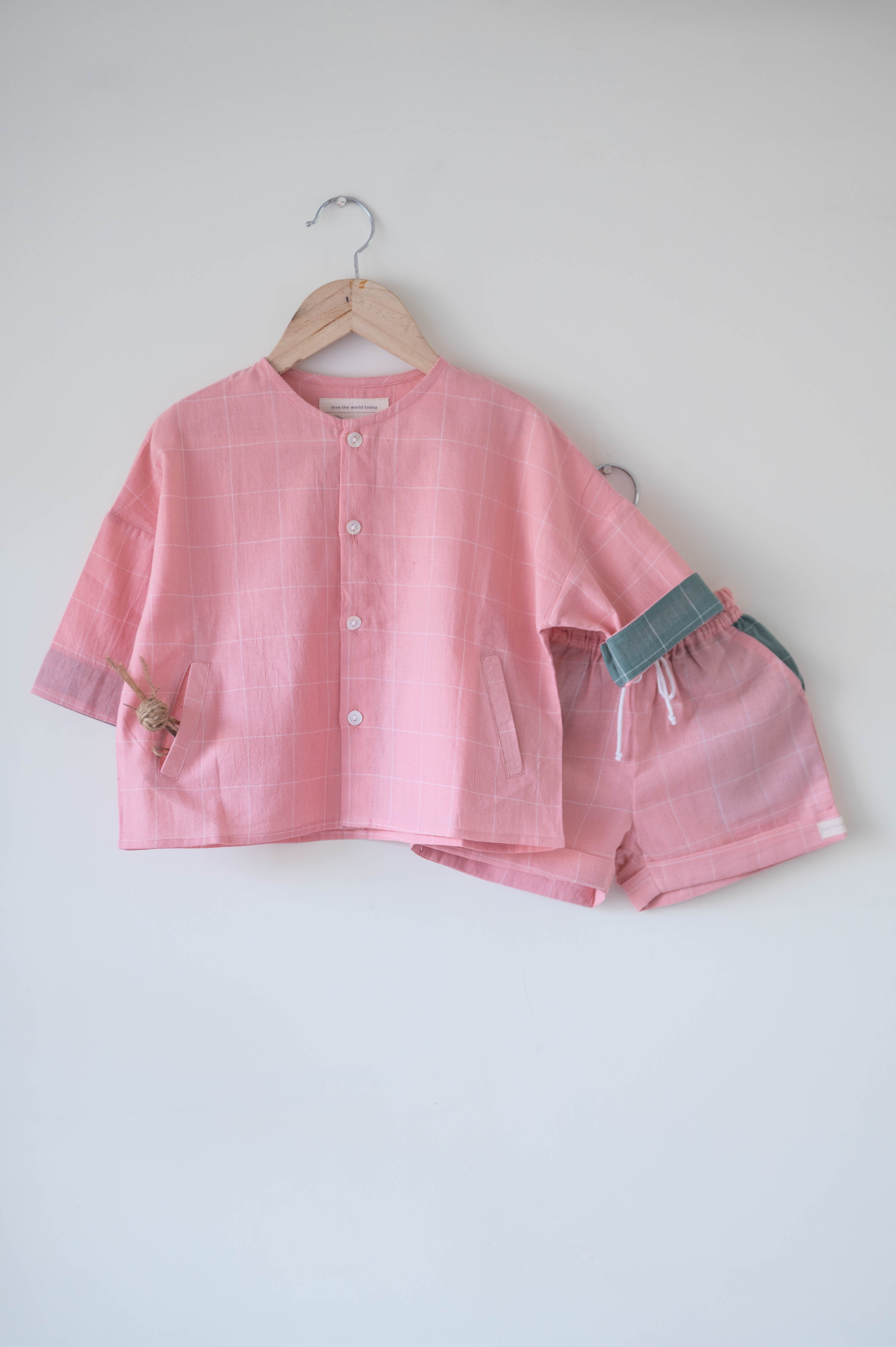 Shared secrets’ unisex full sleeve kimono shirt and shorts co-ord in peach pink handwoven cotton checks - Totdot