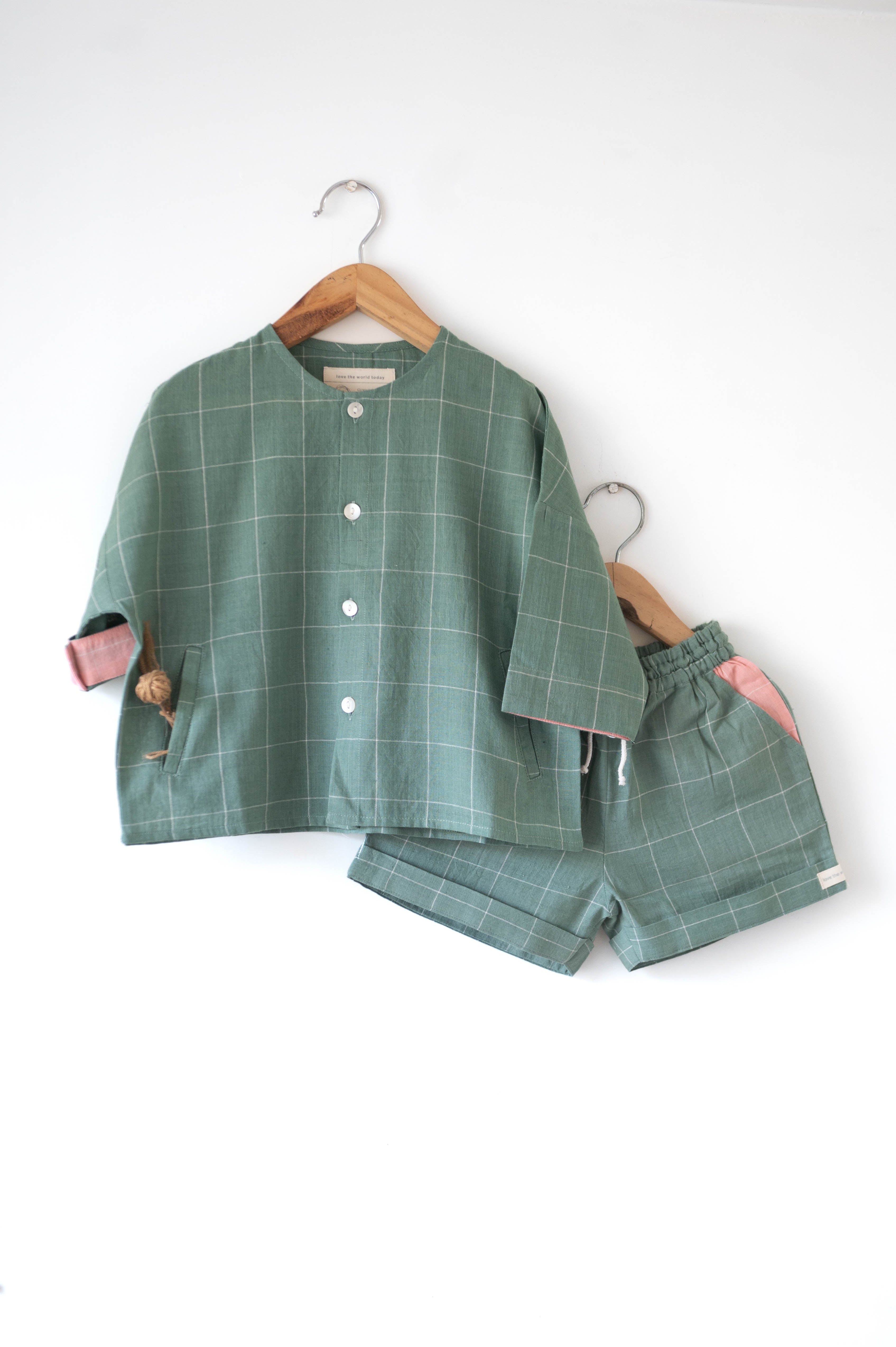 Shared secrets’ unisex full sleeve kimono shirt and shorts co-ord in teal handwoven cotton checks - Totdot