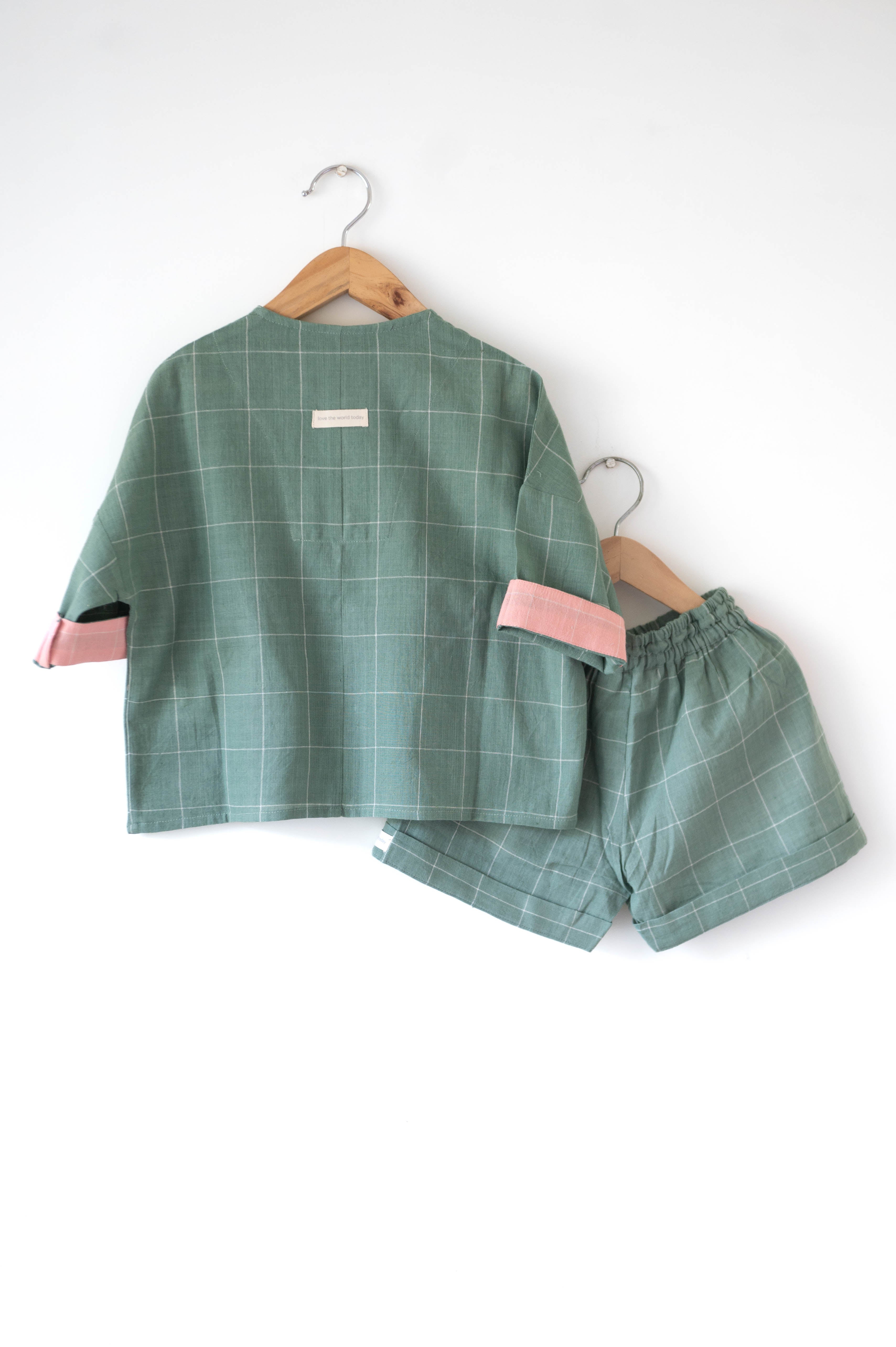 Shared secrets’ unisex full sleeve kimono shirt and shorts co-ord in teal handwoven cotton checks - Totdot