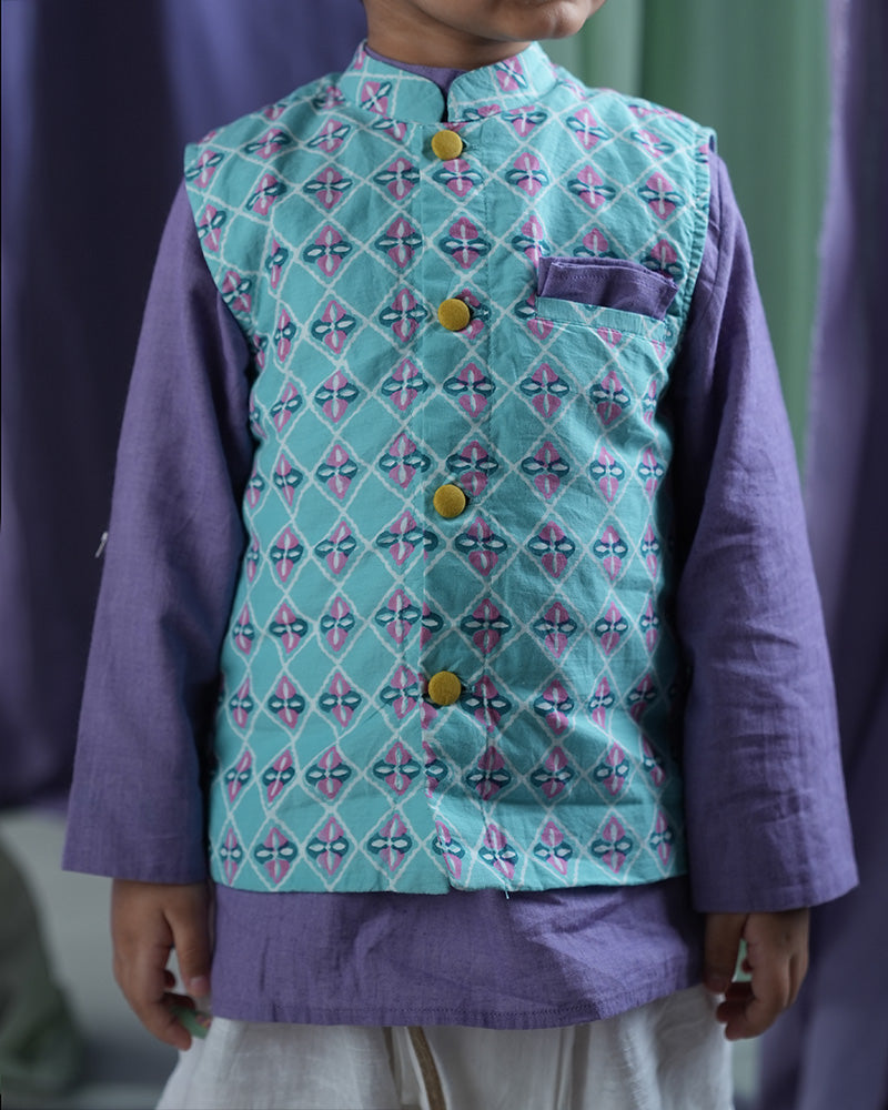 Mosaic Magic Boys Ethnic Wear Bandi/ Nehru Jacket In Hand Block Print Cotton