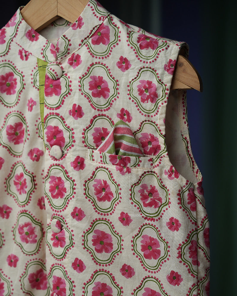 Rain Of Flowers Boys Ethnic Wear Bandi/ Nehru Jacket In Hand Block Print Cotton