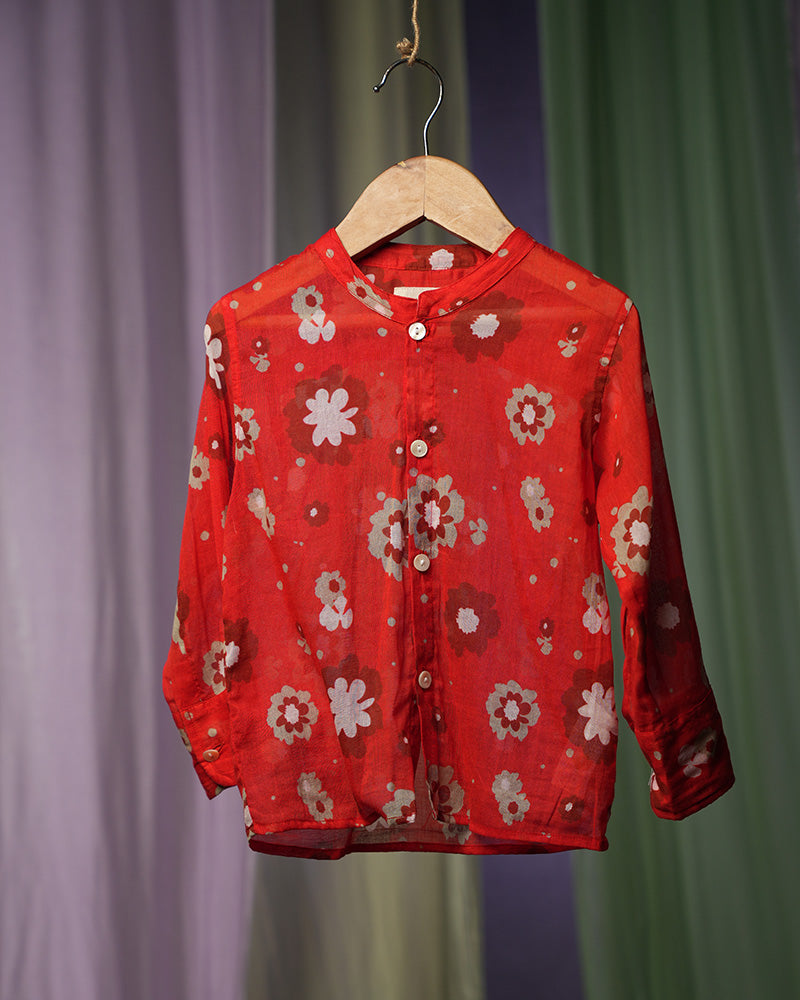 Poppy Patch Mandarin Collar Malmal Cotton Unisex Full Sleeve Shirt In Red Floral Print