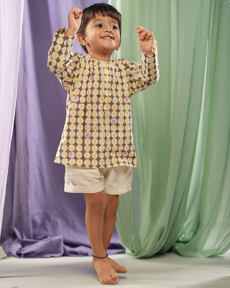 Monstera Grove Kids Unisex Kurta In Monstera Hand Block Printed Cotton