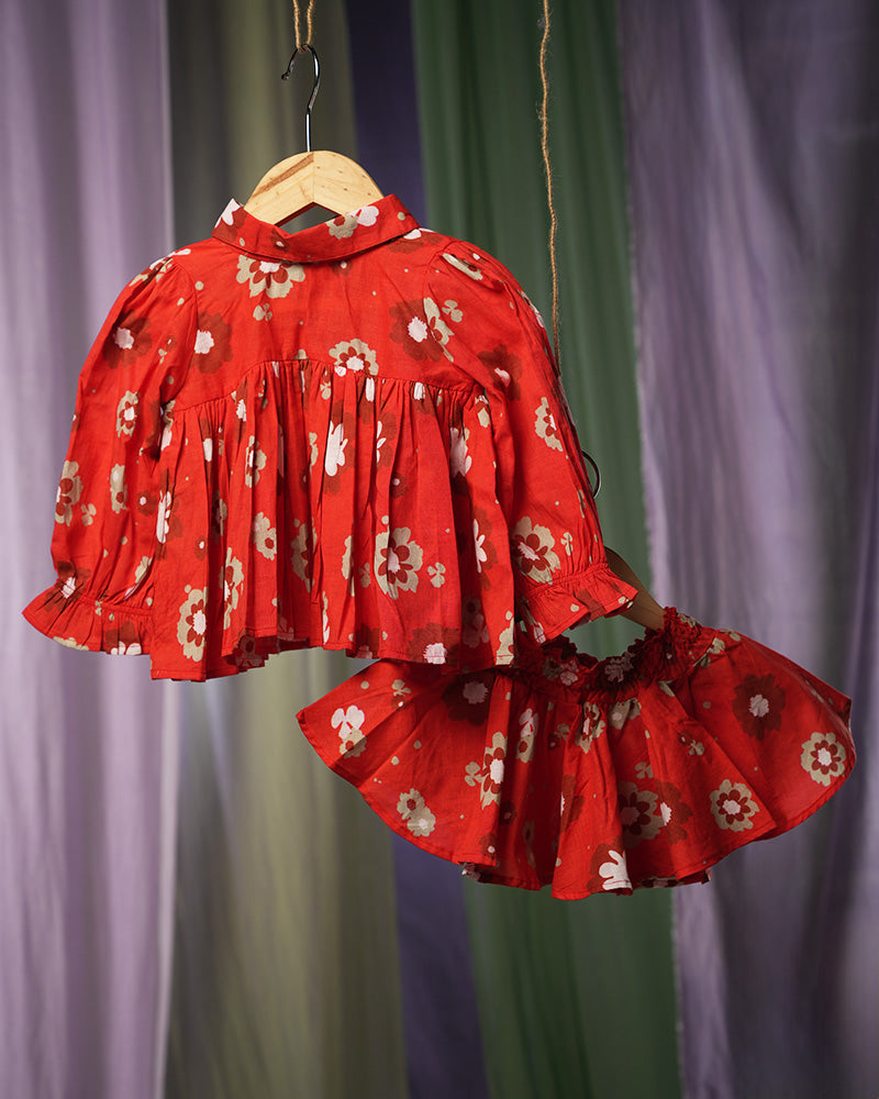 Poppy Patch Girls Coord Set In Custom Love The World Today Red Floral Print Cotton