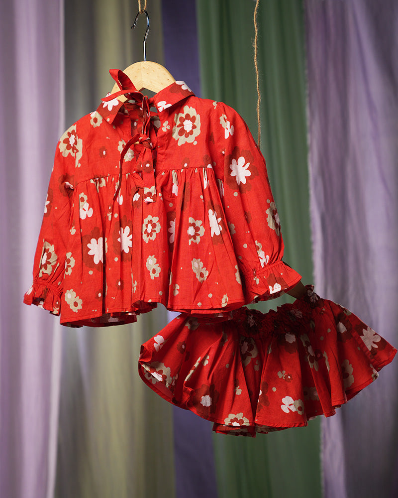 Poppy Patch Girls Coord Set In Custom Love The World Today Red Floral Print Cotton