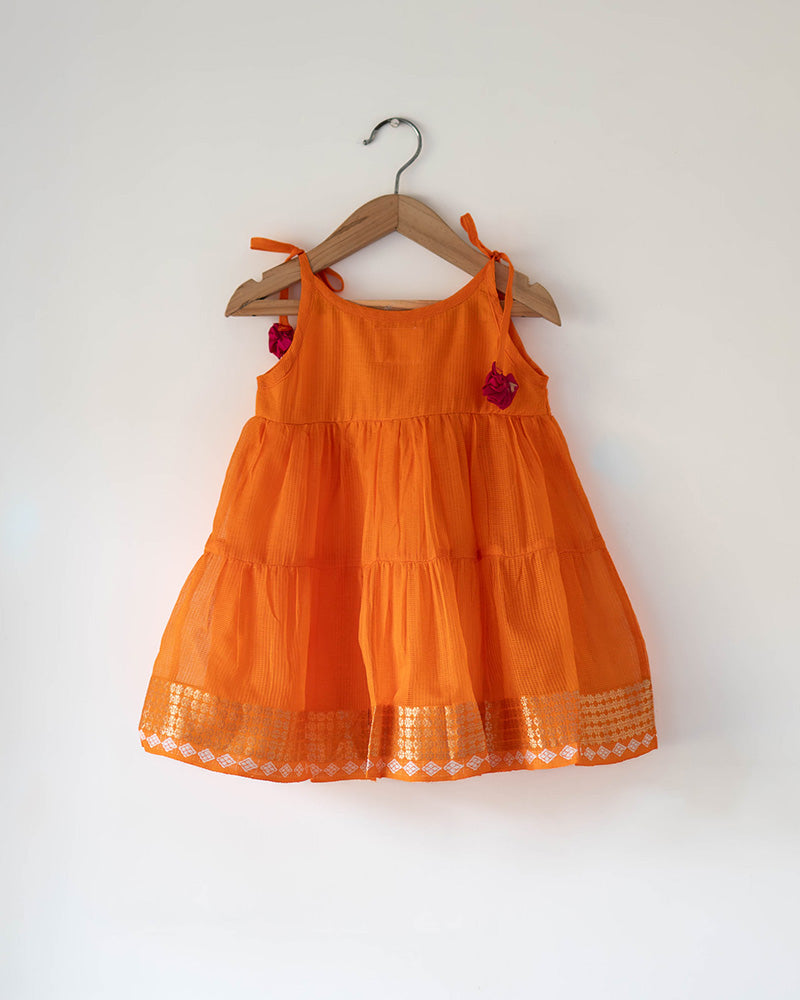 Kesar orange  Infant tiered festive dress in handwoven cotton silk