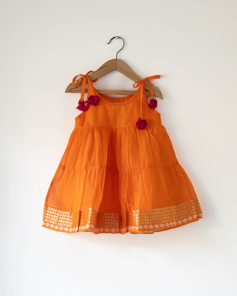 Kesar orange  Infant tiered festive dress in handwoven cotton silk