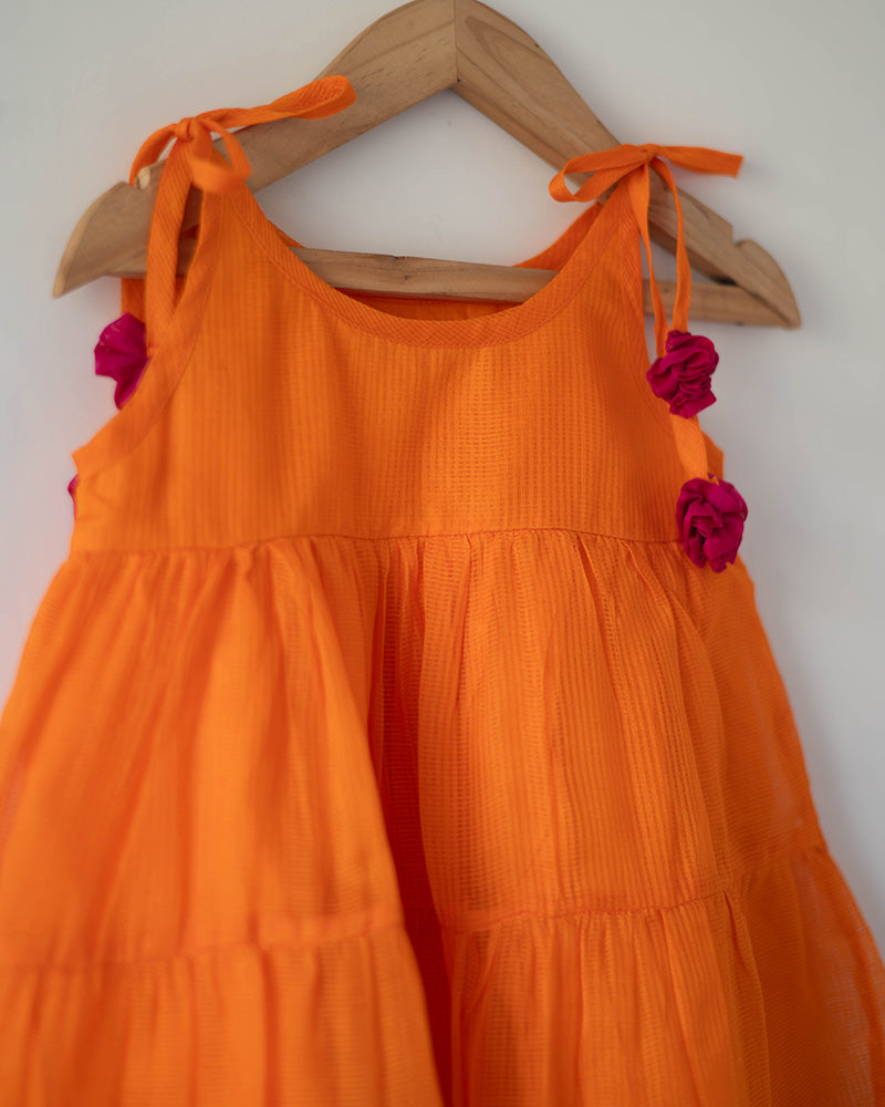 Kesar orange  Infant tiered festive dress in handwoven cotton silk