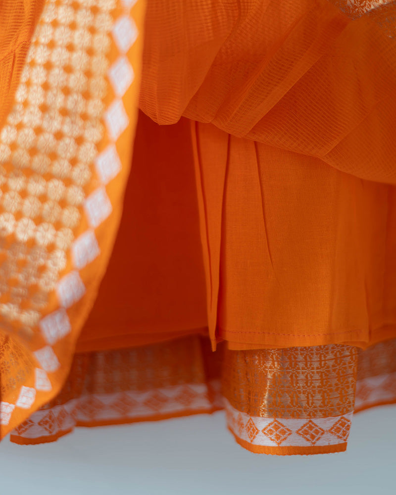 Kesar orange  Infant tiered festive dress in handwoven cotton silk