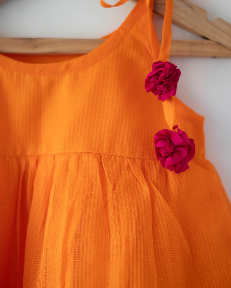 Kesar orange  Infant tiered festive dress in handwoven cotton silk