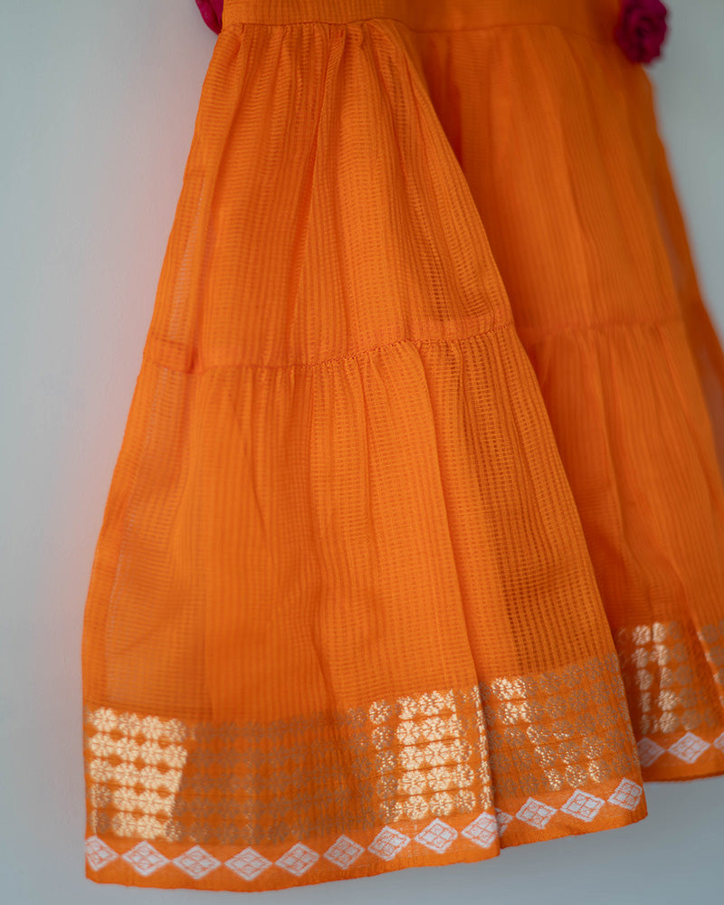 Kesar orange  Infant tiered festive dress in handwoven cotton silk