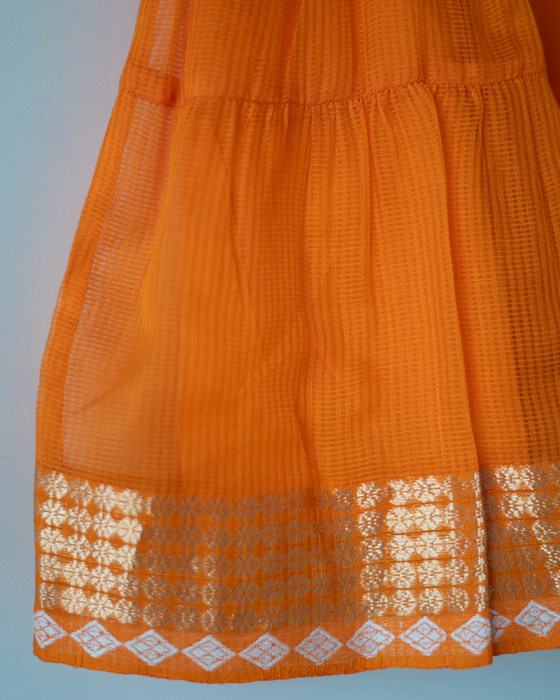 Kesar orange  Infant tiered festive dress in handwoven cotton silk