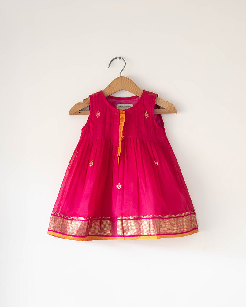 Kamal pink pintuck baby girl dress in handwoven cotton silk