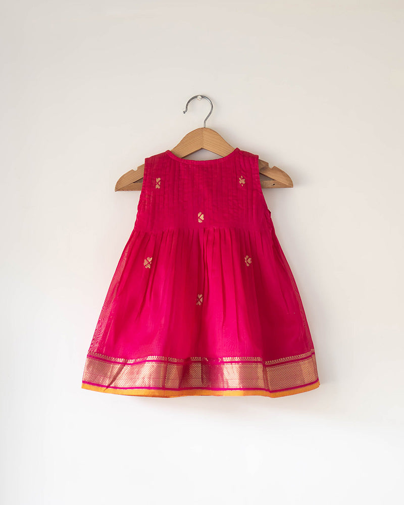 Kamal pink pintuck baby girl dress in handwoven cotton silk