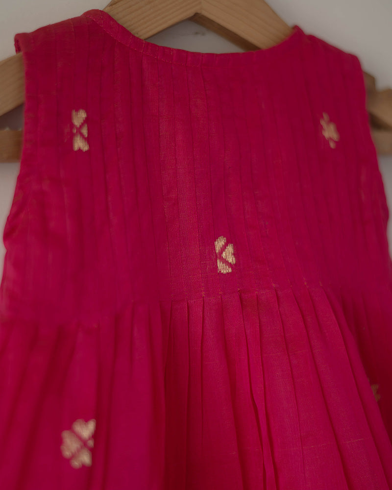 Kamal pink pintuck baby girl dress in handwoven cotton silk