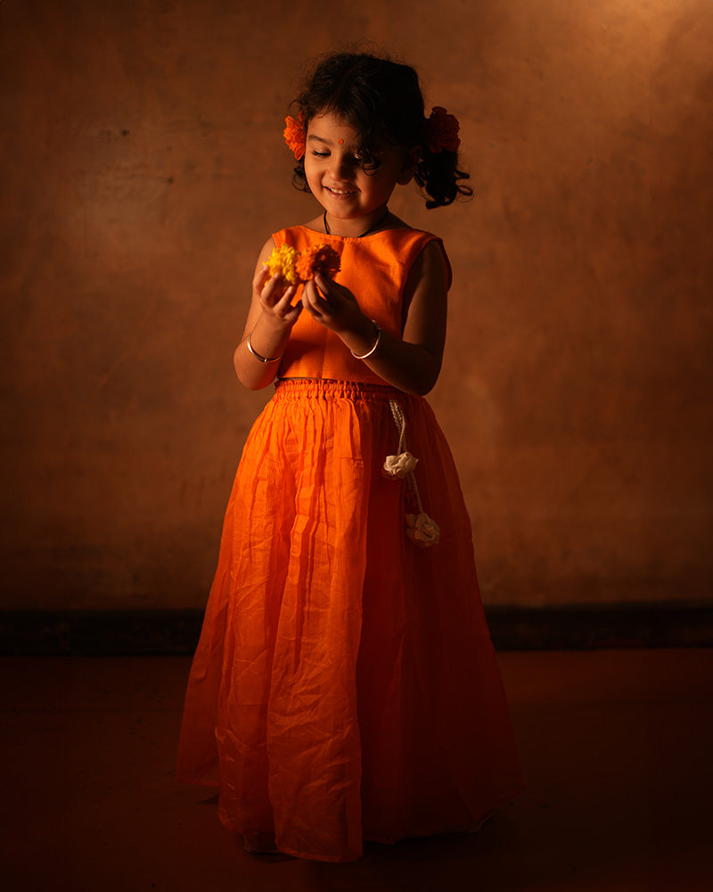 Kesar girls orange lehenga set in handwoven cotton silk