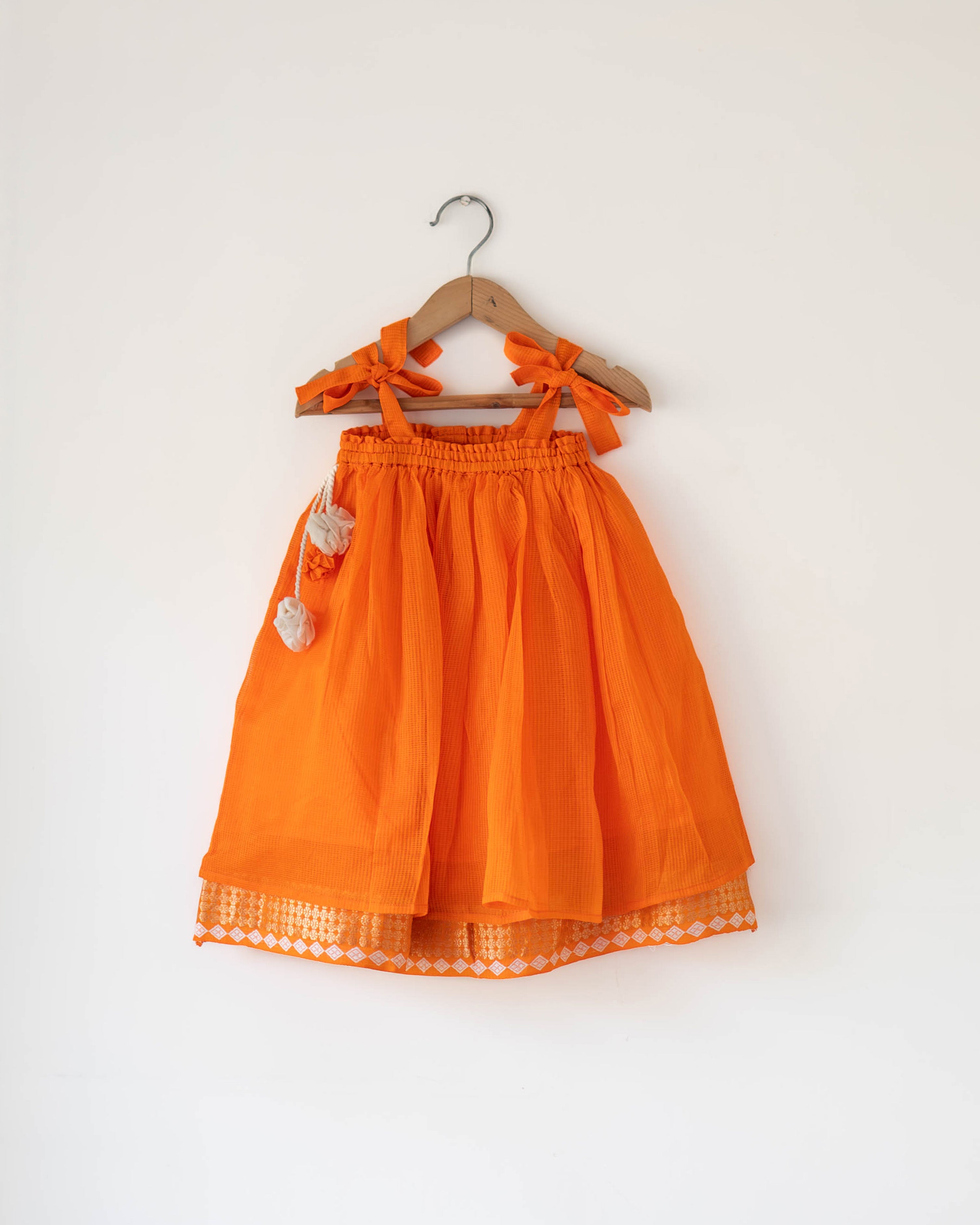 Kesar girls orange lehenga set in handwoven cotton silk