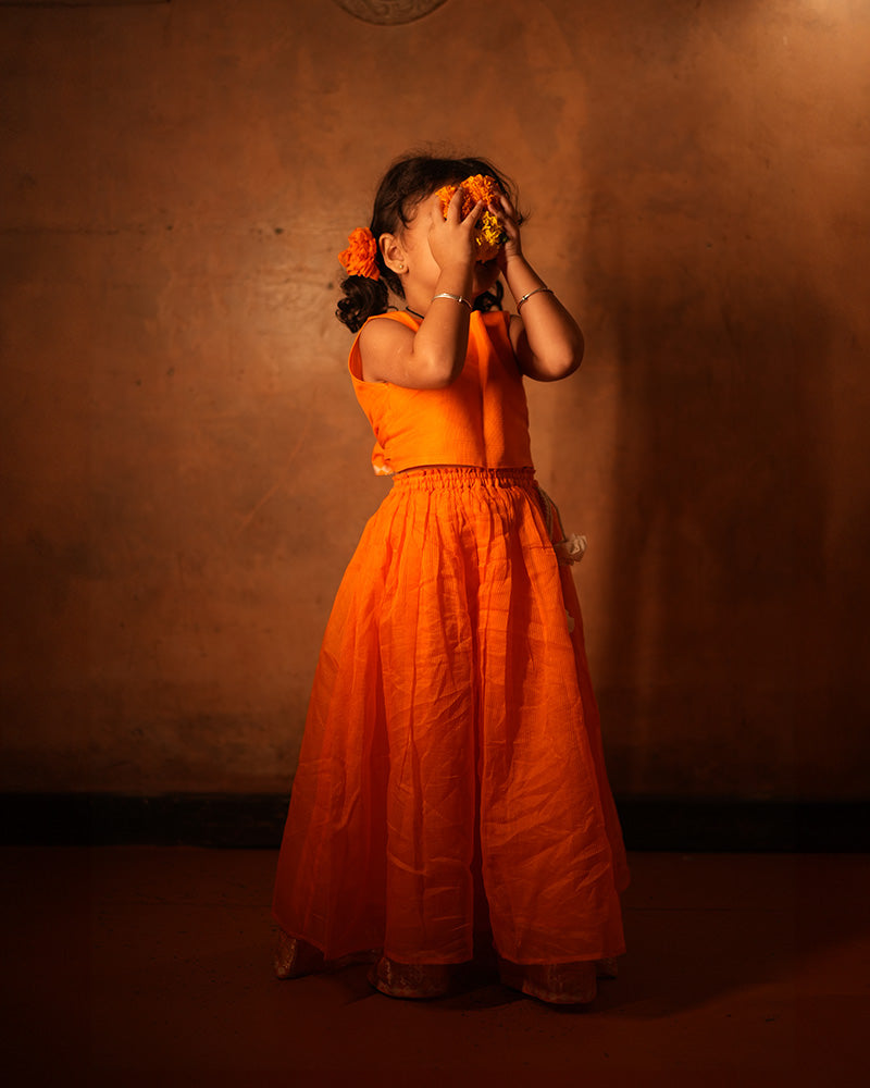 Kesar girls orange lehenga set in handwoven cotton silk