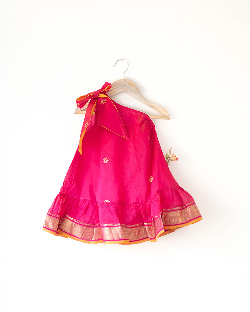 Kamal pink one shoulder dress in handwoven cotton silk