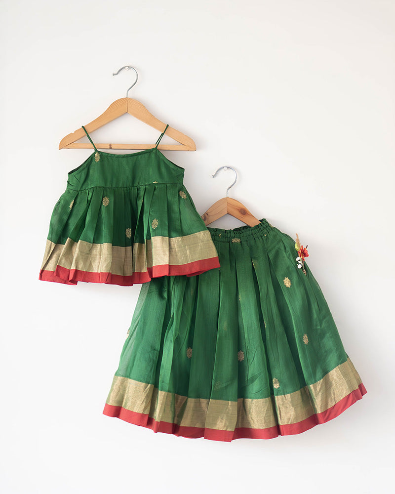 Tulsi ethnic pleated top and lehenga set in green handwoven cotton silk