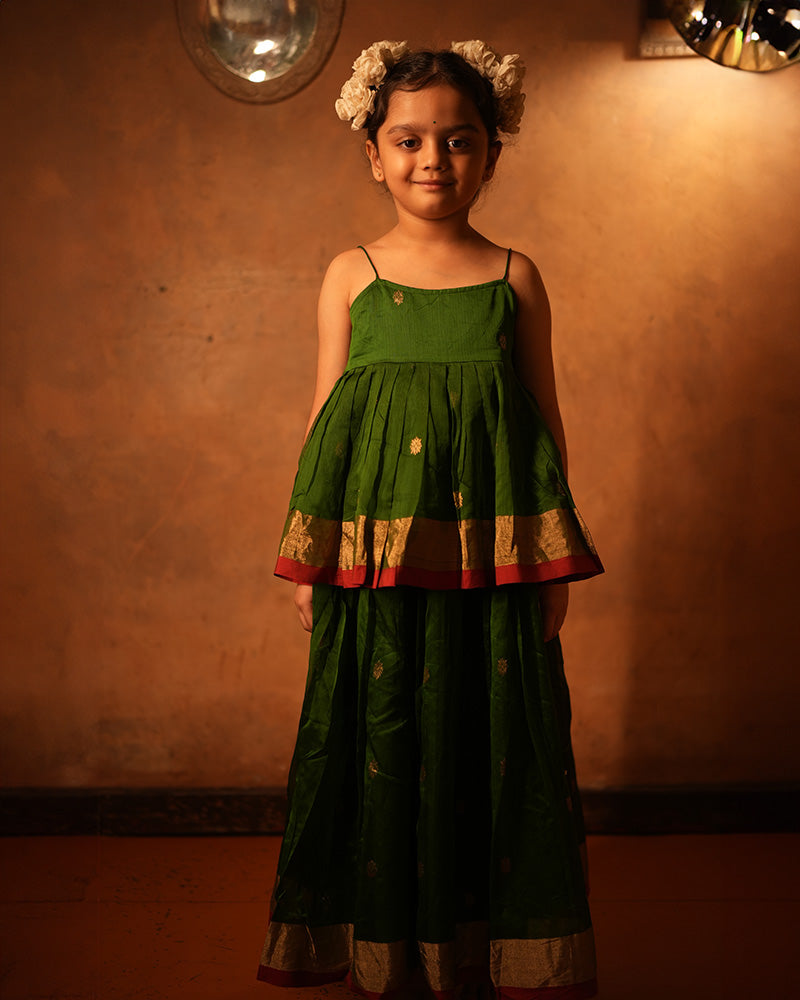 Tulsi ethnic pleated top and lehenga set in green handwoven cotton silk