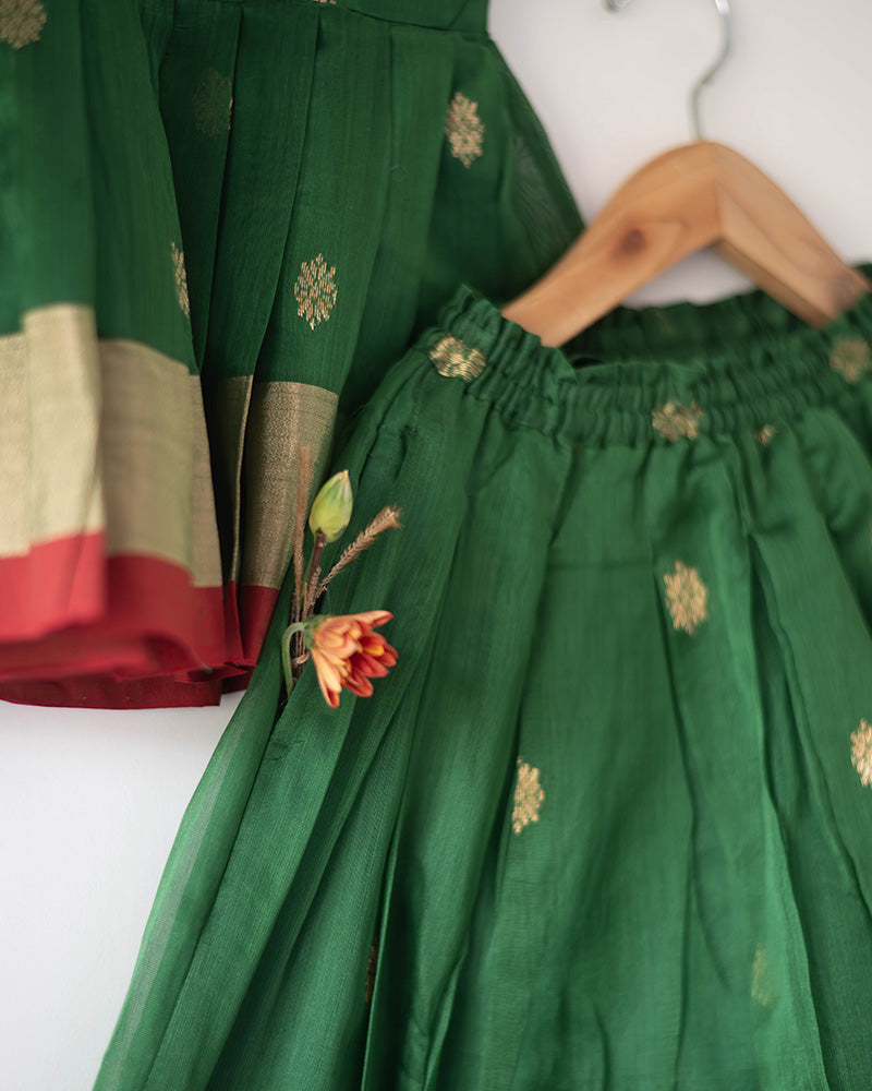 Tulsi ethnic pleated top and lehenga set in green handwoven cotton silk