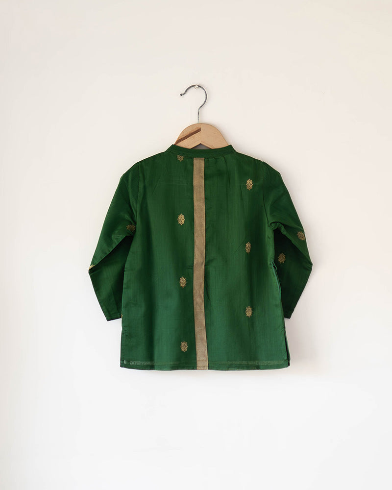 Tulsi green boys ethnic kurta in handwoven cotton silk