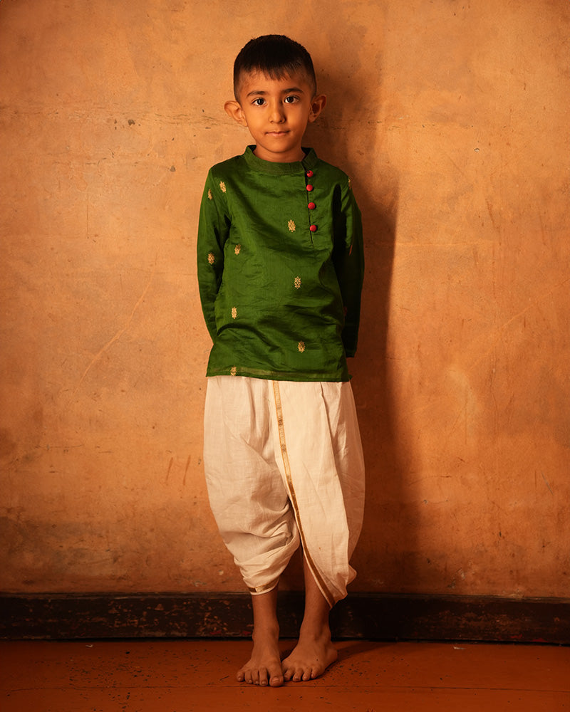 Tulsi green boys ethnic kurta in handwoven cotton silk