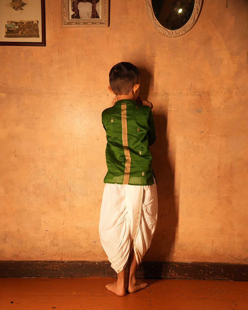 Tulsi green boys ethnic kurta in handwoven cotton silk