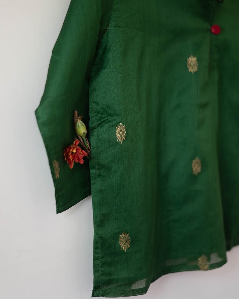 Tulsi green boys ethnic kurta in handwoven cotton silk