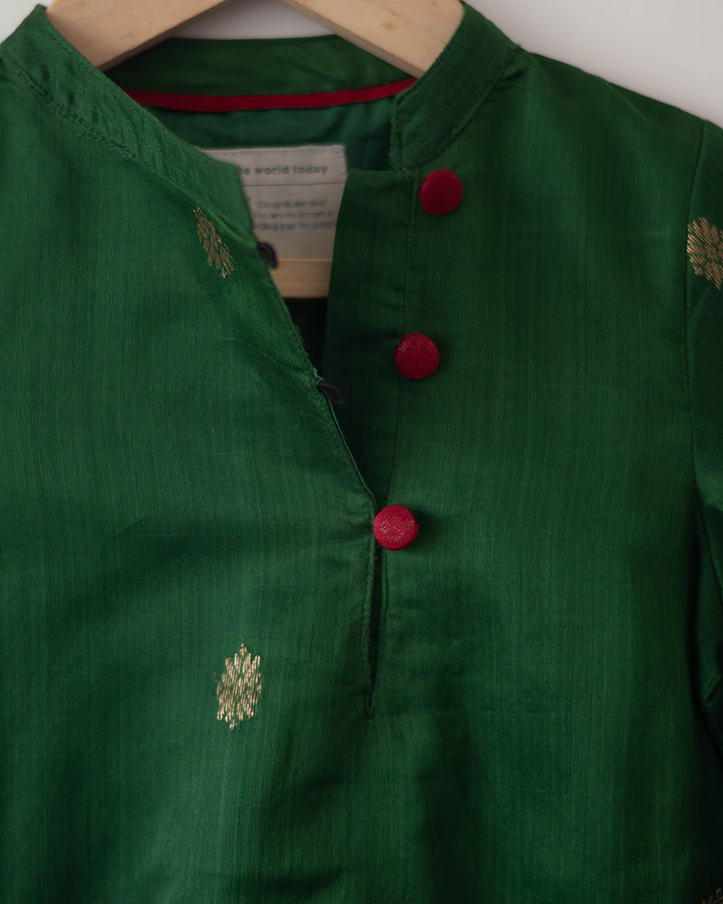 Tulsi green boys ethnic kurta in handwoven cotton silk