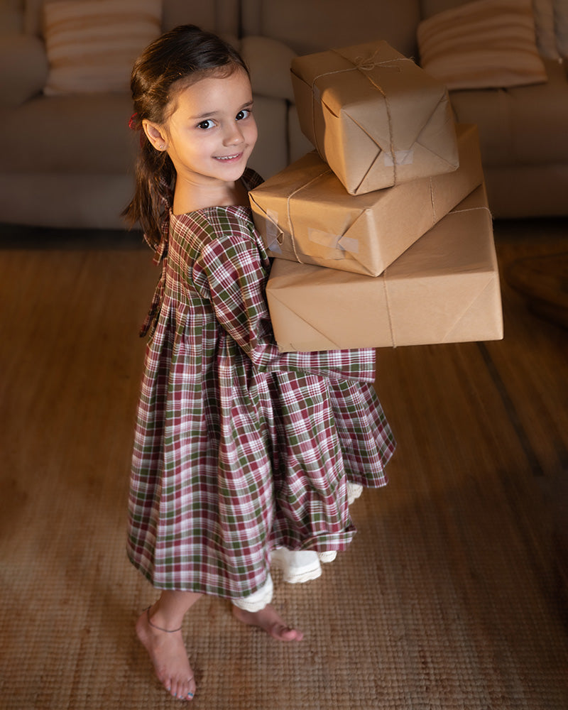 Day Dreamer Pleated Dress In Red And Green Handwoven Cotton Checks