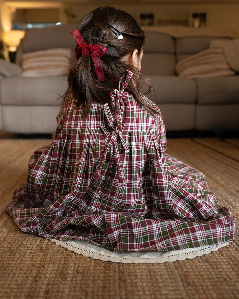 Day Dreamer Pleated Dress In Red And Green Handwoven Cotton Checks