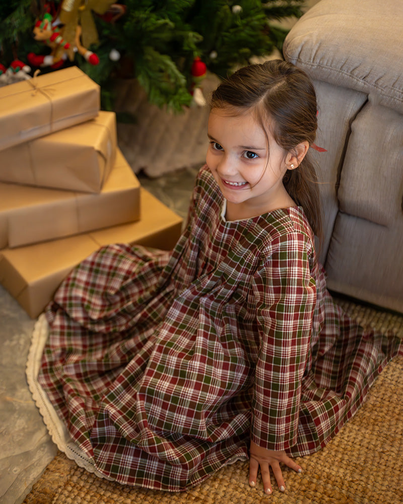 Day Dreamer Pleated Dress In Red And Green Handwoven Cotton Checks