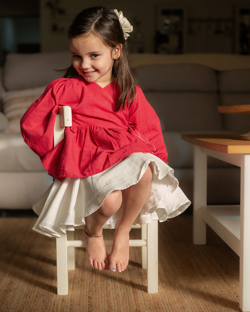 Sunshine Wrap Tie Top In Red Handwoven Cotton And White Twirl Skirt Coord Set