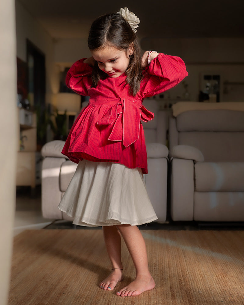 Sunshine Wrap Tie Top In Red Handwoven Cotton And White Twirl Skirt Coord Set