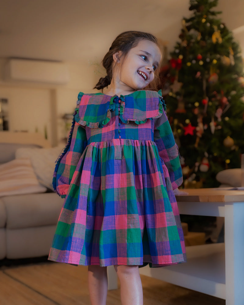 Spring Up Peter Pan Collar Dress In Handwoven Cotton Checks