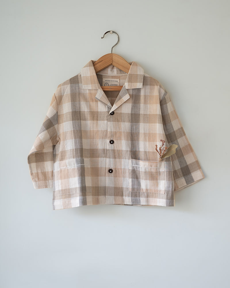 Cloud Drift Oversized Beige Off White Checks Shirt In Handwoven Cotton
