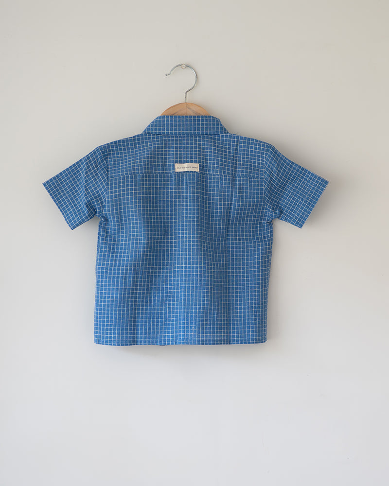 Blue Meadow Curved Placket Checks Shirt In Handwoven Cotton