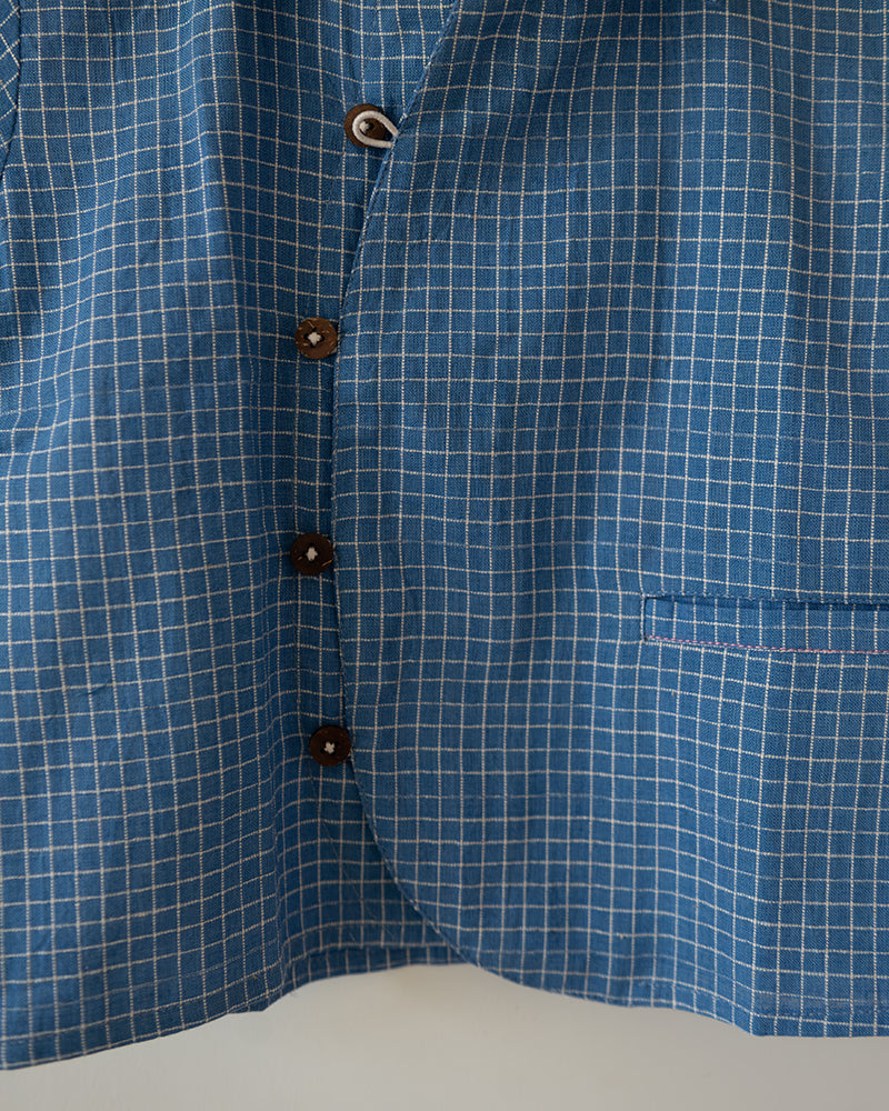 Blue Meadow Curved Placket Checks Shirt In Handwoven Cotton