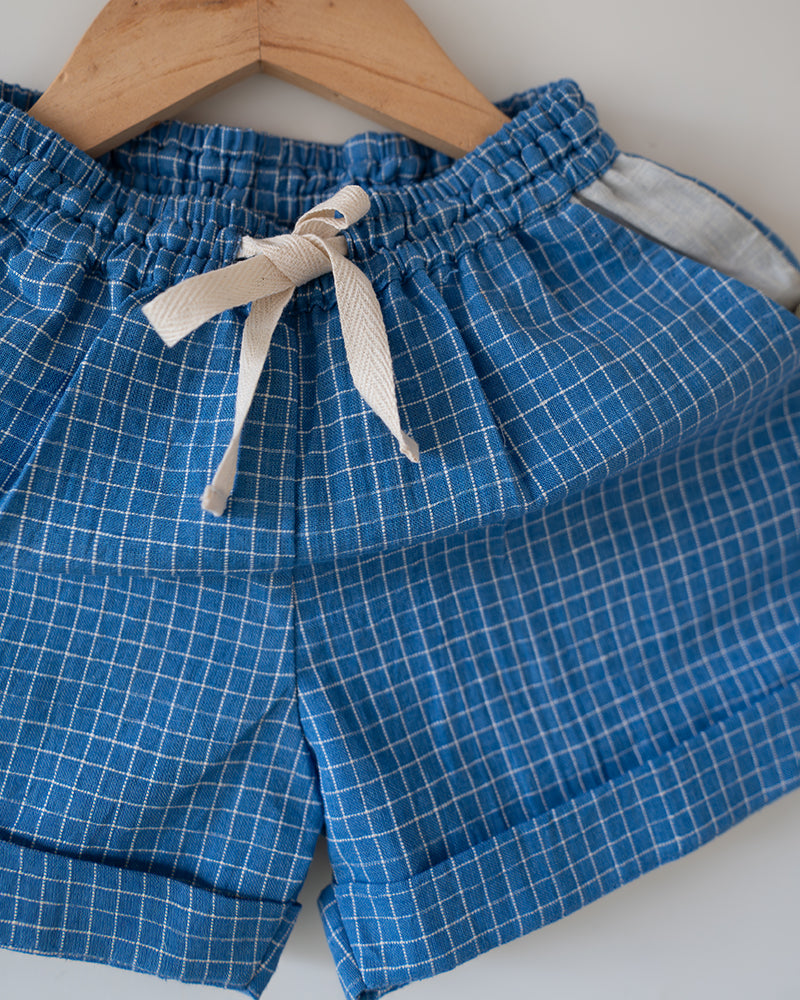 Skygaze Blue Checks Handwoven Cotton Unisex Shorts