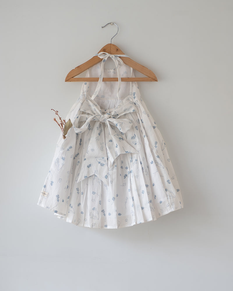 Bloom White Floral Hand Block Print Halter Neck Girls Mal Dress