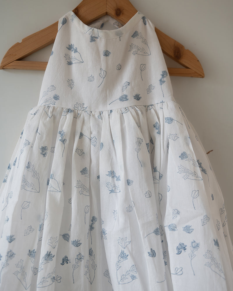 Bloom White Floral Hand Block Print Halter Neck Girls Mal Dress