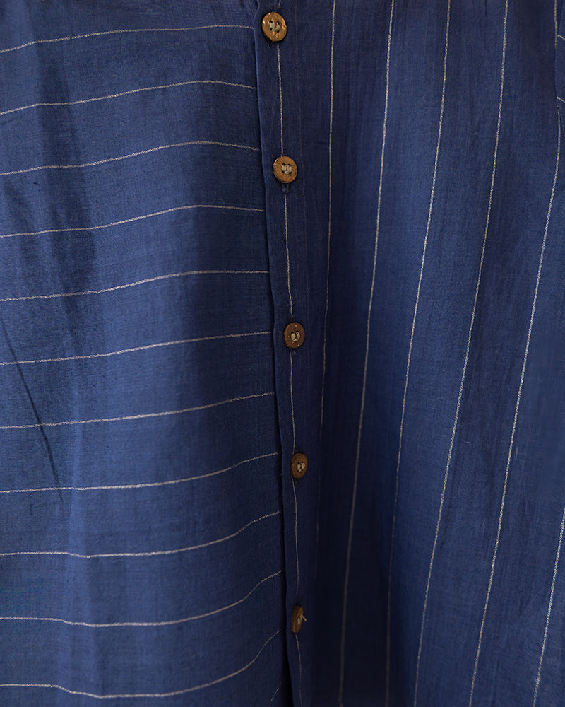 Barefoot Boy Chinese Collar Blue Stripes Shirt In Handwoven Cotton