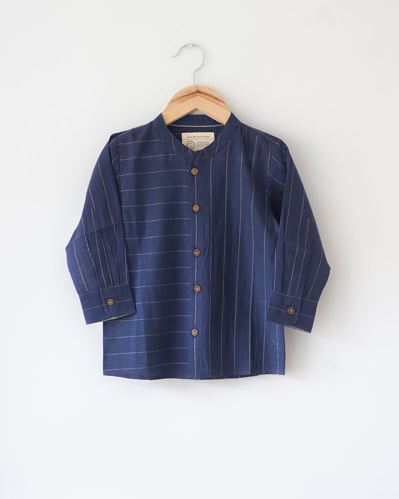 Barefoot Boy Chinese Collar Blue Stripes Shirt In Handwoven Cotton