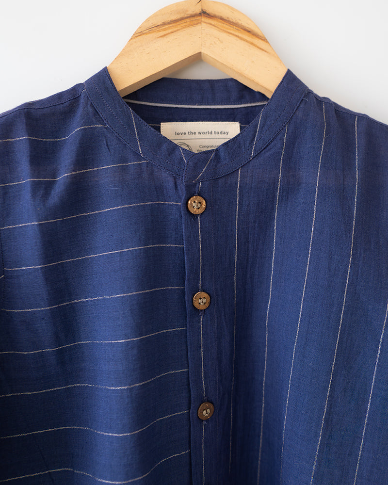 Barefoot Boy Chinese Collar Blue Stripes Shirt In Handwoven Cotton