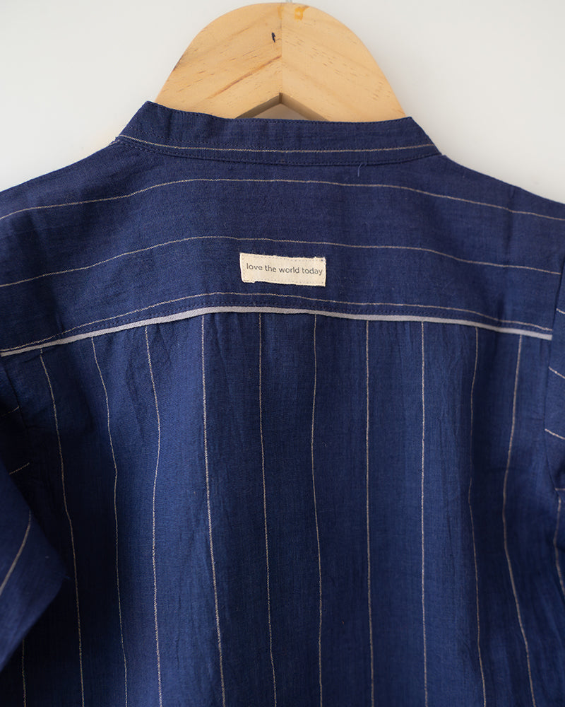 Barefoot Boy Chinese Collar Blue Stripes Shirt In Handwoven Cotton