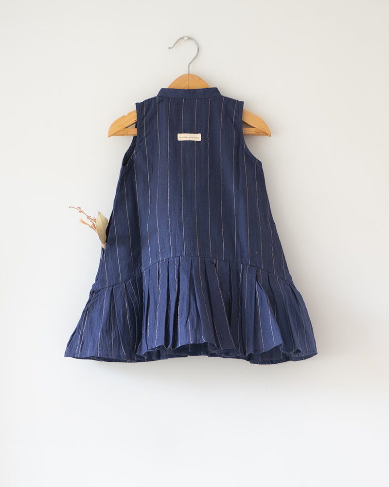 Pitter Patter High Low Lined Dress In Blue Stripes In Handwoven Cotton