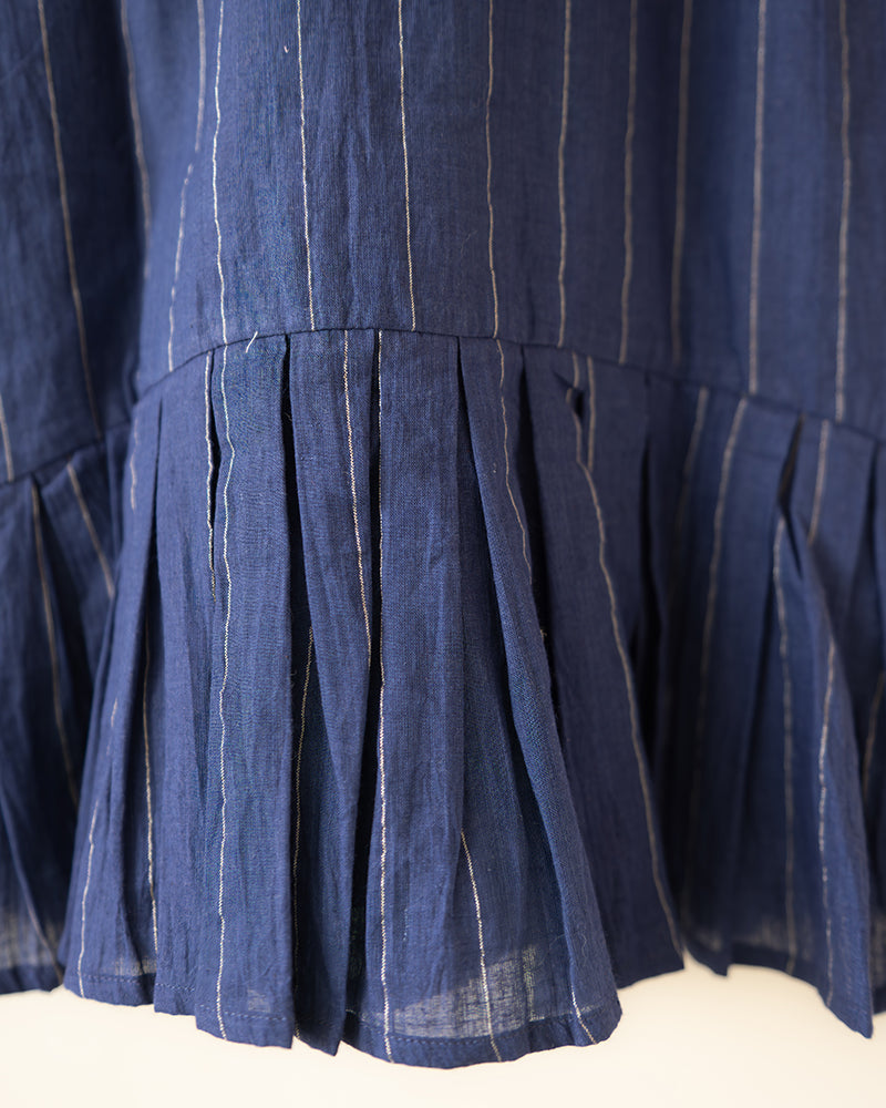 Pitter Patter High Low Lined Dress In Blue Stripes In Handwoven Cotton